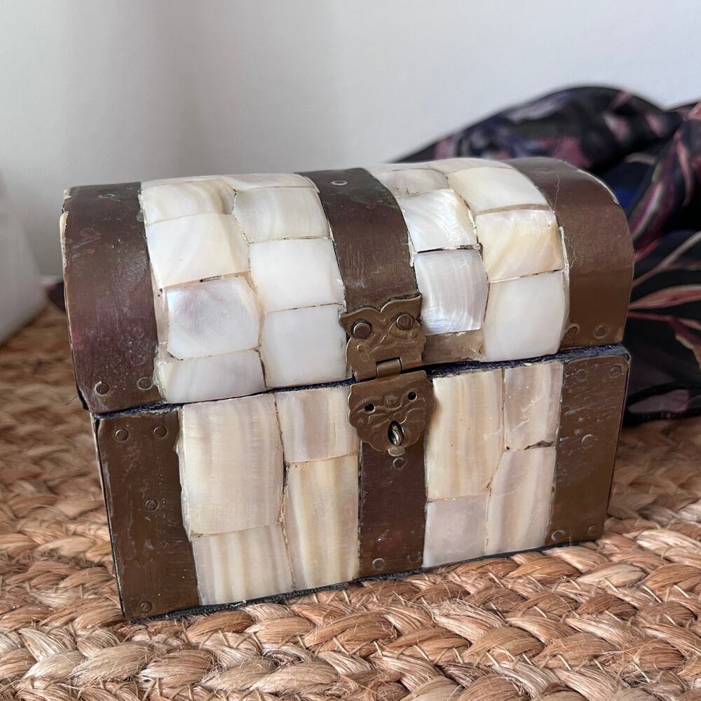 Vintage Mother of Pearl & Brass Trinket Box Treasure Chest Purple Interior 4" L